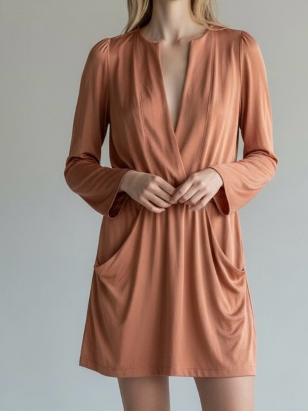 Reformation Peach Mini Dress 2 Deep V Long Sleeve Spring Wedding Guest Pockets